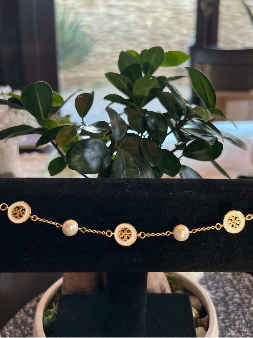 Tory Burch Gold and White Pearl Link Bracelet